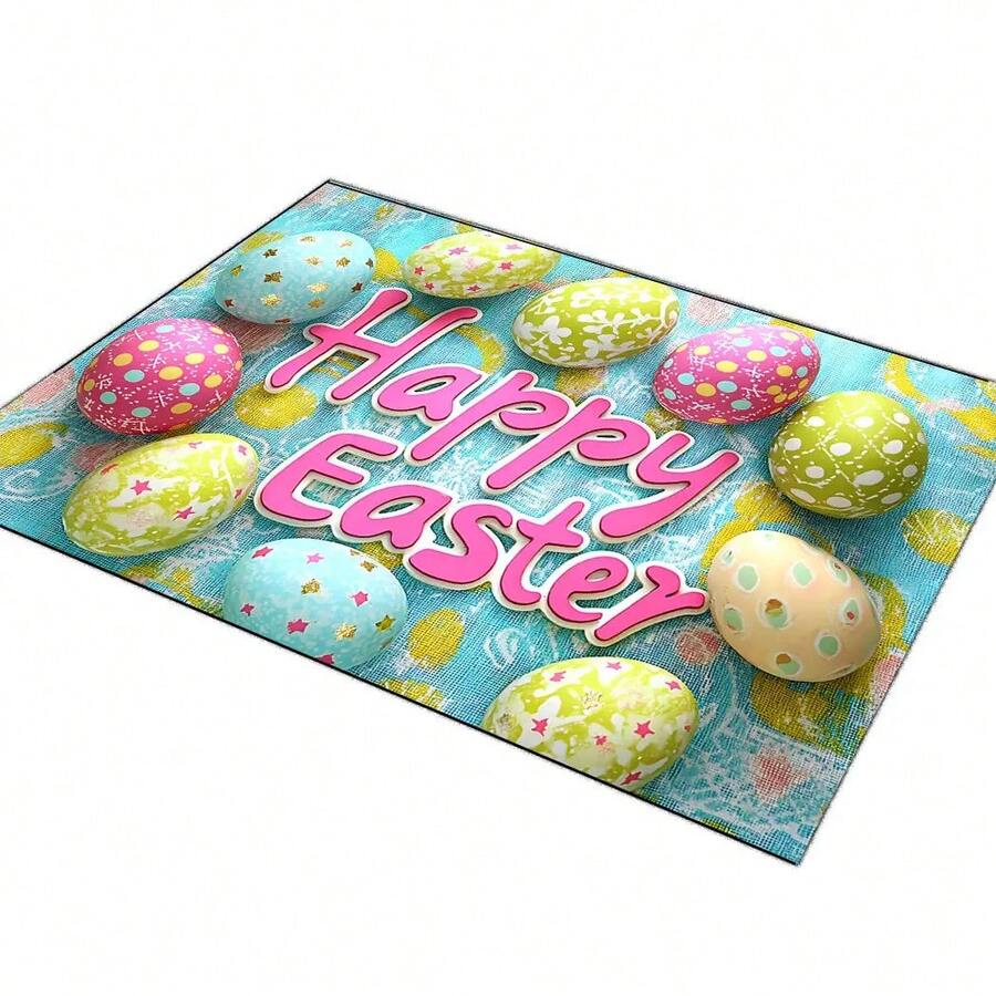 1pc 2D Flat Flannel Happy Easter Egg Pattern Anti-Slip Washable Polyester Door Mat – Vibrant Spring Decor For Porch, Kitchen, Hallway, Bedroom & Balcony, Lightweight & Durable Home Decoration
