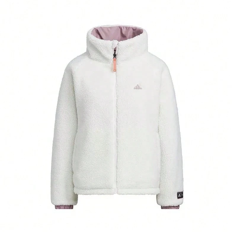 Adidas Women's Reversible Short Plush Thermal Lined Stand Collar Padded Coat HY7218 Hanyubai/Pink - Hanyu White - View 1