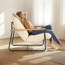 Accent Chair, Metal Framed Chair With Wooden Armrests, Modern Cozy Upholstered Armchair, With Soft Foam Cushioning, Detachable Cushion, For Living Room, Bedroom, Reading Room, Office, Beige - 米色 - 查看 9