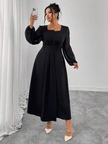 Elegant Plus Size Black A-Line Long Dress With Square Neck Ruched Bishop Sleeves And Flared Hem, Perfect Long Sleeve Curve Dress - Black - View 1