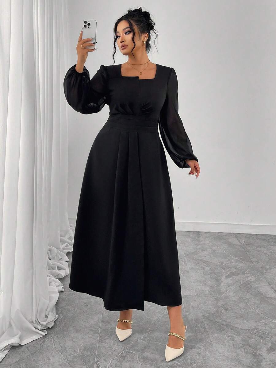 Elegant Plus Size Black A-Line Long Dress With Square Neck Ruched Bishop Sleeves And Flared Hem, Perfect Long Sleeve Curve Dress - Black - View 1
