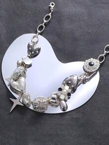 1pc Vintage Punk Rock Style Metal Heart, Flower & Pendant Necklace Chain, Suitable Party, Music Festival - 銀色 - 查看 3