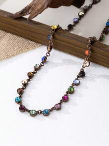 Fashionable Colorful Crystal Embellished Chain Necklace, Elegant & Suitable For Women's Daily Wear - Chocolate Gold - View 5