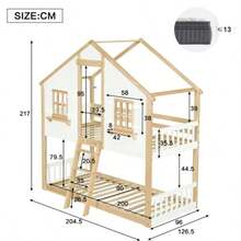 Bunk Bed, Children's Bed, Beautiful Windows And Roof, Stable Slatted Frames, Side Safety Rails, Pine + MDF + Plywood, White + Natural,