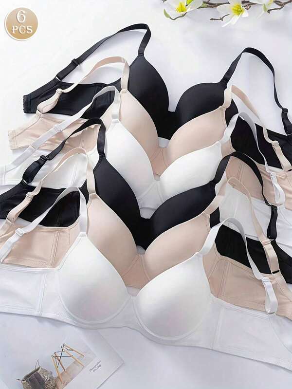 6PCS Women's Simple Solid Color Underwire Push-Up Bra, Comfortable Non-Padded Bra