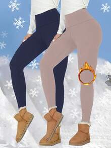 2pcs Plus Size Women Thermal Thermal Lined High Waisted Leggings, Workout Winter Warm Thick Tights Soft Yoga Pants, Women's Clothing - Multicolor - View 2