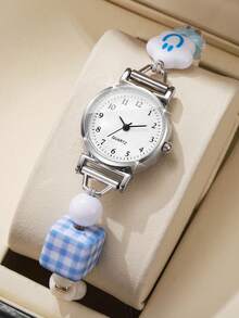 1pc Women's Gift Watch With Beaded Drawstring Band, Fashion Minimalist Dial, Elegant Quartz Wristwatch (1pc/Set), Watch Box Not Included - Silver - View 4