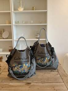 Women's Shoulder Tote Bag, Bohemian Style Floral Embroidery Pattern, Large Capacity, Lightweight, Foldable, Suitable For Commuting, Travel, Shopping, Dating, Christmas Gift, Tote Handbag, Work Bag, Women Purse