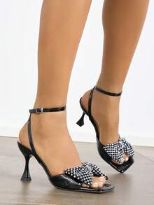 女士高跟鞋，适合春季、秋季、夜间派对、聚会、户外、时尚、优雅、宴会，电镀黑色杯跟，方头，闪亮蝴蝶装饰，踝带，优质神秘石纹理材质，优雅、性感、奢华黑色浅口鞋，搭配秋季女装，凉鞋 - 黑色 - 查看 3