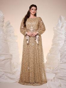 Mgiacy，新品上市，加大码舞会礼服，浪漫女士加大码正式礼服，金色亮片长袖蝴蝶结袖口圆领喇叭下摆长款礼服，适合晚宴派对。