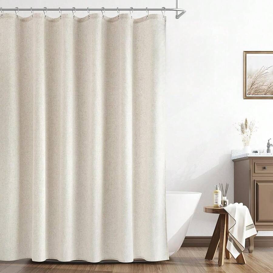 Natural Linen Shower Curtain, Country Boho Farmhouse Bath Decor Beige Shower Curtains For Bathroom Neutral Cloth Weighted Textured Fabric Bath Curtain Liner With Hooks, Cream, 72 Inch{"Color_name":"Linen","Size_name":"72\"Wx72\"L(Packof1)"} - 多色2 - 查看 1