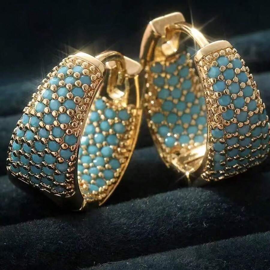 1 Paar Luxus Damen Creolen, vollständiges Diamant Design mit Türkis Einlage, geeignet für den täglichen Gebrauch, Geschenk für die Freundin. Halloween Schmuck, Weihnachtsgeschenk