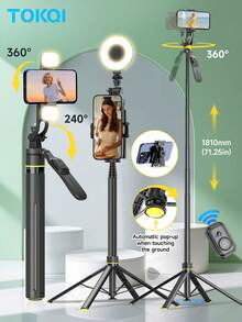 TOKQI Auto-Open Tripod 1810mm Portable Selfie Stick,Detachable Rotation Phone Holder With Bluetooth Remote Control And Dimmable Fill Light,Light Weight Aluminum Alloy Stand With 1/4 Interface Compatible With Smartphone,Sport Camera,Digital Camera,Vlogging, Video Shooting - Multicolor - View 1