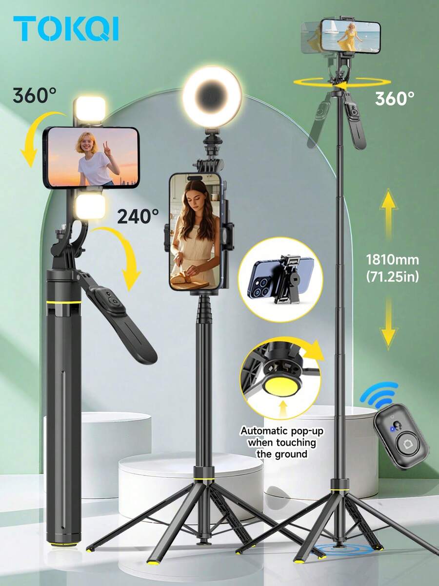 TOKQI Auto-Open Tripod 1810mm Portable Selfie Stick,Detachable Rotation Phone Holder With Bluetooth Remote Control And Dimmable Fill Light,Light Weight Aluminum Alloy Stand With 1/4 Interface Compatible With Smartphone,Sport Camera,Digital Camera,Vlogging, Video Shooting - Multicolor - View 1