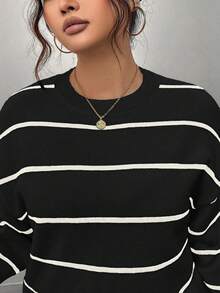 Vestido casual de mujer talla grande con bloques de color y rayas acanaladas en negro - Negro - Ver 7