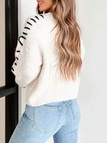 Women's Casual Cute Handmade Stitch Contreast Trim Knitted Sweaters Crew Neck Drop Shoulder Long Sleeve White Fall Winter Going Out