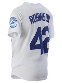 Men's Embroidery Baseball Jersey 42 White Casual Short Sleeve V-Neck Button T-Shirts Party Sports Top - trắng - Xem 2
