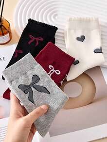 4 đôi tất dài đến bắp chân có nơ trang trí, tất thu/đông mới, tất cổ cao có nơ, tất cao đến đầu gối có gân mềm mại với phong cách học đường ngọt ngào - Nhiều màu - Xem 5