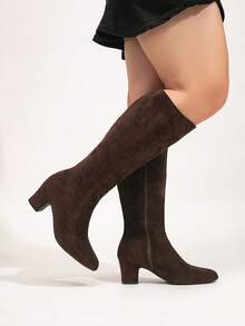 秋冬季宽楦女式欧美时尚舒适高跟粗跟优雅派对及舞会小腿靴 - 咖啡棕 - 查看 5