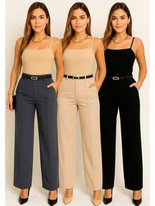 Kit 3 Women's Tailored Trousers With Belt - 黑色/灰色/米色 - 查看 3