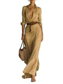 Plus-Size Dress - 2025 Women's Autumn Elegant And Sexy Pure Color Irregular Pleated Dress With Belt - 卡其色 - 查看 4