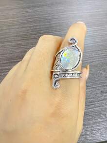 1 件复古时尚不对称合金水钻可调节开口戒指，多色 - 復古銀色 - 查看 8