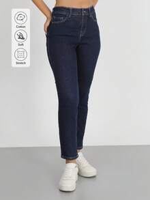 Damen Lässig Gerade Bein Jeans aus Denim mit Knopf- und Taschenelementen, lange, nicht dehnbare Stoffausführung für den Alltag - marineblau - Übersicht 5