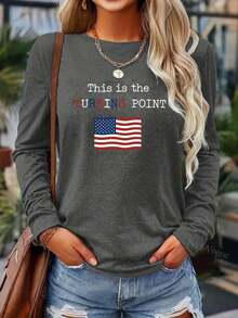 Women's White 'This Is A Turning Point' Protest T-Shirt - Long Sleeve Casual Crew Neck Top With Flag And  Symbol Print, Soft And Comfortable For All Seasons, Political Statement Gift For  Clothing-White And Navy Off-The-Shoulder Cropped Top - 深灰色 - 查看 1