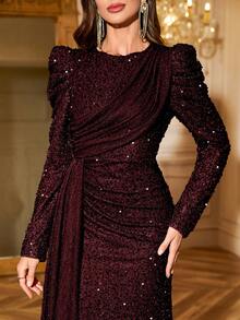 Women's Round Neck Princess Sleeve Sequin Pleated High Slit Mermaid Hem Elegant Party Dress