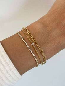 Nooxian Bộ 3 vòng tay nữ, phong cách bãi biển mùa hè Bohemian, bao gồm chuỗi cơ bản nhiều lớp mạ vàng, chuỗi đá Zirconia tennis, chuỗi kẹp giấy, mặt dây chuyền cỏ bốn lá bằng đá Zirconia khảm đồng, vòng tay xếp chồng nhiều lớp, quà tặng trang sức - Vàng - Xem 7