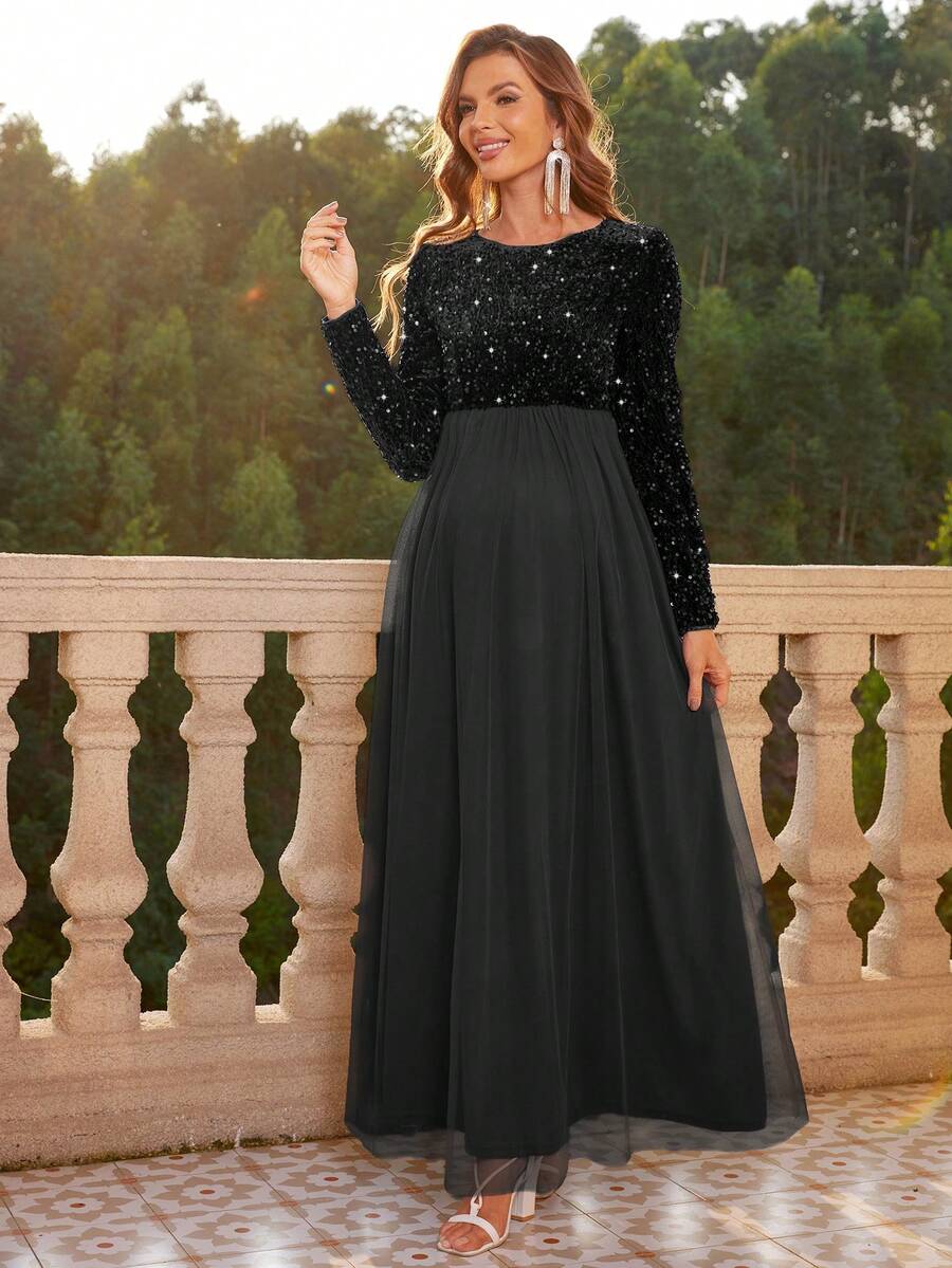 Joyfunear Maternity Sequin Patchwork Sheer Mesh Long Sleeve Cherry Dress