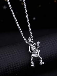 1 件时尚吉他骷髅吊坠项链，男士吊坠项链，适合作为万圣节礼物送给自己，适合参加派对和聚会 - 復古銀色 - 查看 6