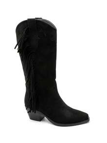 Western Fringe Boots - Soft Suede, Angled Heel - Black - View 3