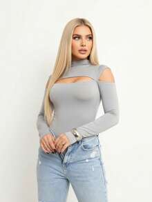 Bori Women's Bodysuit Long Sleeve Cutout Bust Hollow Out Sleeve High Neck Chic Timeless Leotard Second Skin - Xám - Xem 2