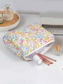 1 Set Of 3 Floral Pattern Portable Cosmetic Bags, 1 Fashionable Casual Large Capacity Zipper Cosmetic Bag, 1 Travel Makeup Bag For Storing Sanitary Napkins, Toiletries, Desktop Organizer - Multicolor - View 9