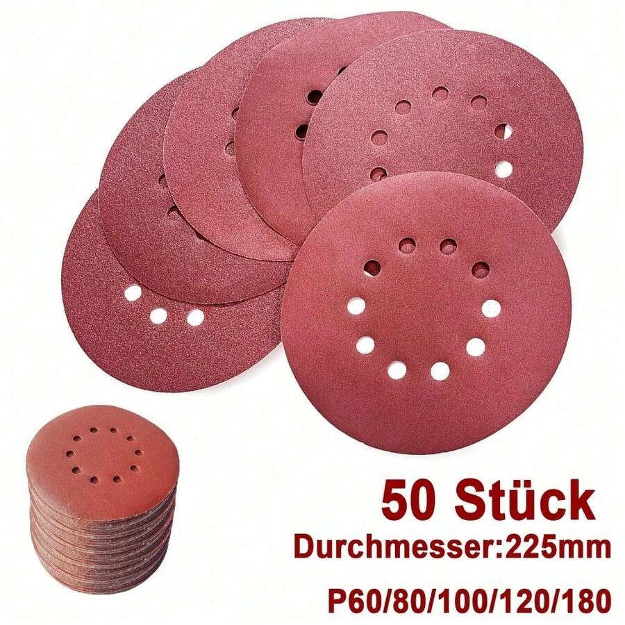 50 pezzi Dischi abrasivi Carta vetrata per levigatrice a parete 225mm Set da 10 fori - Rosso - Visualizzare 1
