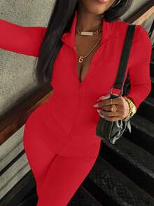 2pcs Women Pink Zipper Long Sleeve Top And Pants Set, Casual Commuter Sportswear Style, New Fashion - Bright Red - View 5