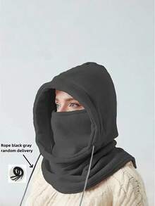Unisex Warm Fleece Hood + Face Mask 2-In-1 - Adjustable Drawstring Windproof Balaclava For Winter Outdoor Activities - màu đen - Xem 8