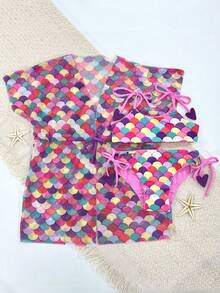 Biquíni Dupla Face + Vestido Saída De Praia Piscina Infantil Menina Verão Tule - Sereia Skin Color - Visão 2