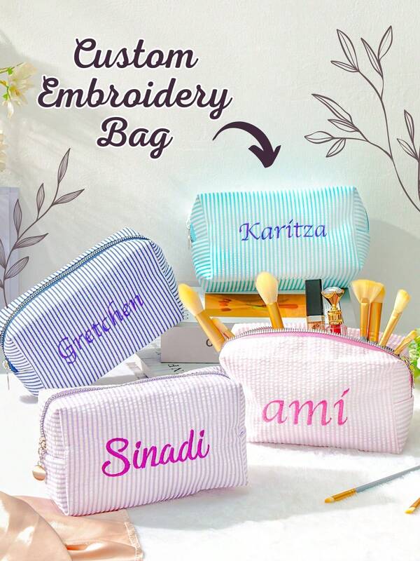 Embroidered Name Cosmetic Bag, Customized Makeup Bag, Sanitary Pad Storage Bag, Travel Makeup Bag, Personalized Storage Bag, Multi-Functional, Decorative, Letter, Solid Color, Exquisite, Fashionable, Retro, Modern, Vibrant Color, Casual, Basic Style, Casual, Birthday Gift/Christmas Gift/Valentine's Day Gift/Mother's Day Gift