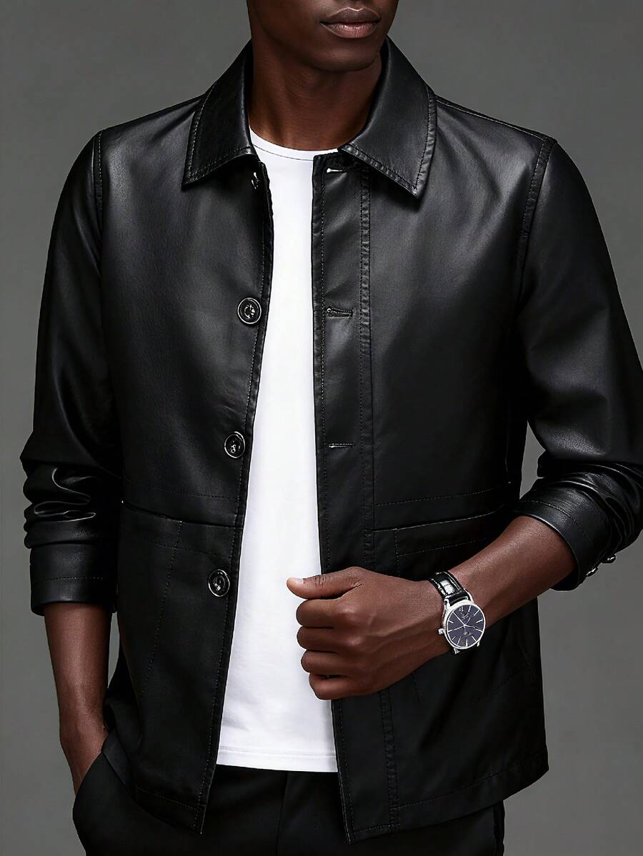 Men's Leather Jacket, New Autumn/Winter Thermal Lined Thickened Fashion Lapel Leather Jacket - Black - View 1
