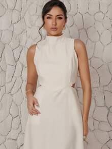 Women's Long Tailored Dress, High Neck, Side Slit, Side Opening Detail, Comfortable, With Pockets, Elegant - trắng - Xem 3