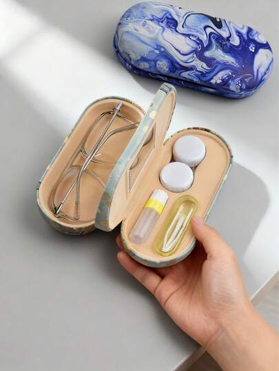 XIANG YU Estuche de lentes de contacto de 2 en 1 con espejo y pinzas, caja de almacenamiento de lentes de contacto portátil de doble cara, estuche para gafas de sol, unisex para uso diario y viajes