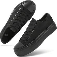 White Platform Sneakers For Women, Low Top Canvas Shoes - Full Black - View 12
