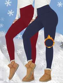 2pcs Plus Size Women Thermal Fleece Lined High Waisted Leggings, Workout Winter Warm Thick Tights Soft Yoga Pants, Women's Clothing