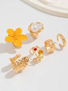 6 Stücke/Set Flüssige Lava Blumen Offener Ring Set, Barock Kunstperle Eingelegt (Für den täglichen Gebrauch von Frauen)