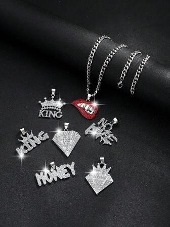 1 Stück modischer europäischer & amerikanischer luxuriöser Gothic Diamant Buchstaben Lippen Anhänger Halskette, geeignet für Herren Alltag, Straßen- und Partymode