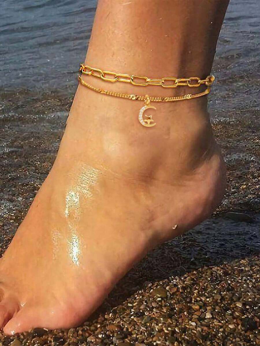 Tkool 2 件海滩度假风格脚链套装，回形针链配星星和月亮方晶锆石吊坠脚链，时尚珠宝 - 金黃色 - 查看 1