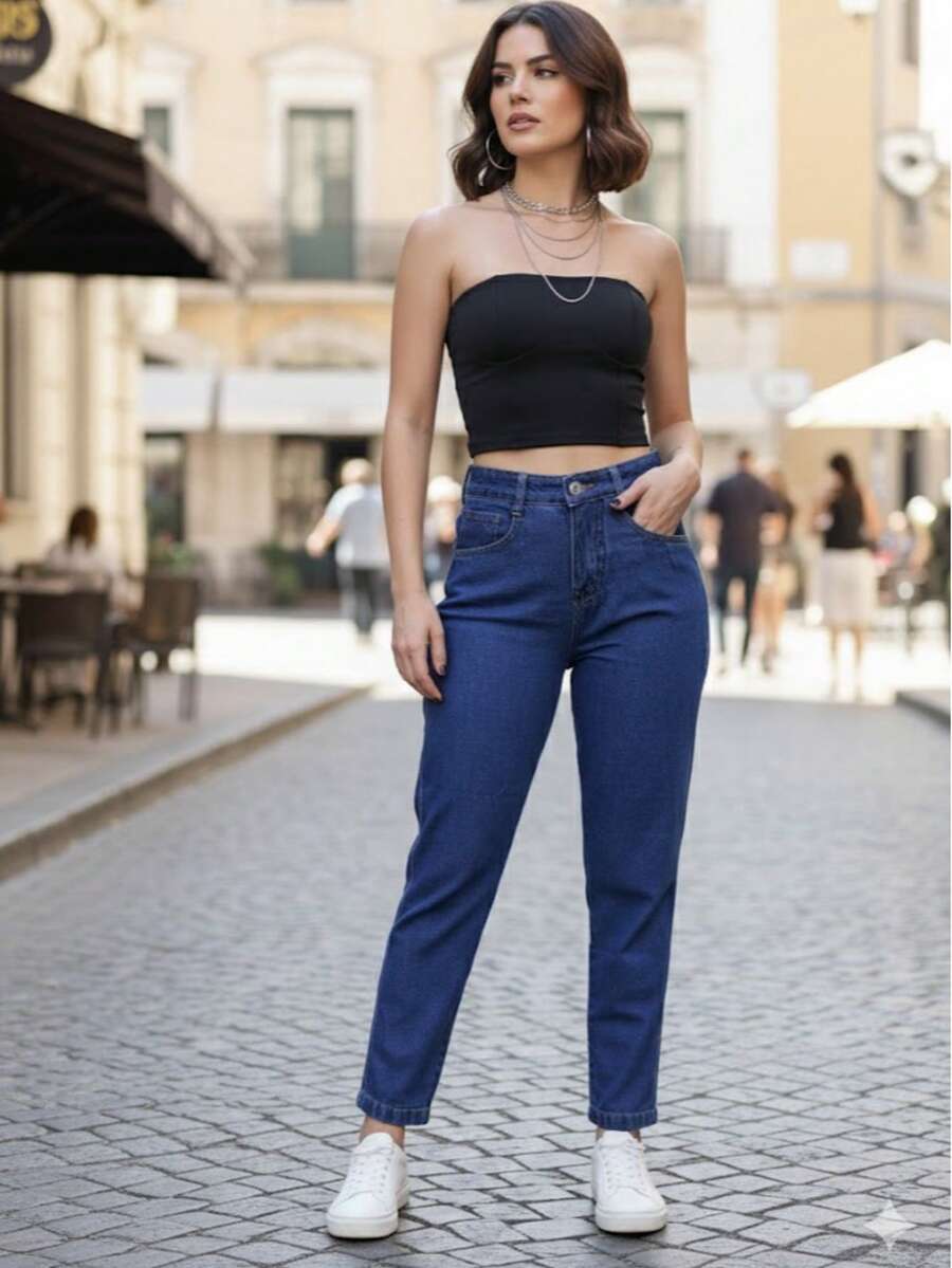 Women Jeans - 深色水洗藍 - 查看 1