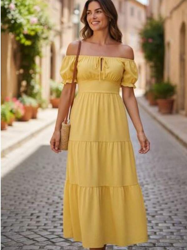 Vestido Longo Duna Feminino Ombro a Ombro Ciganinha Elegante para Festa Praia Passeio